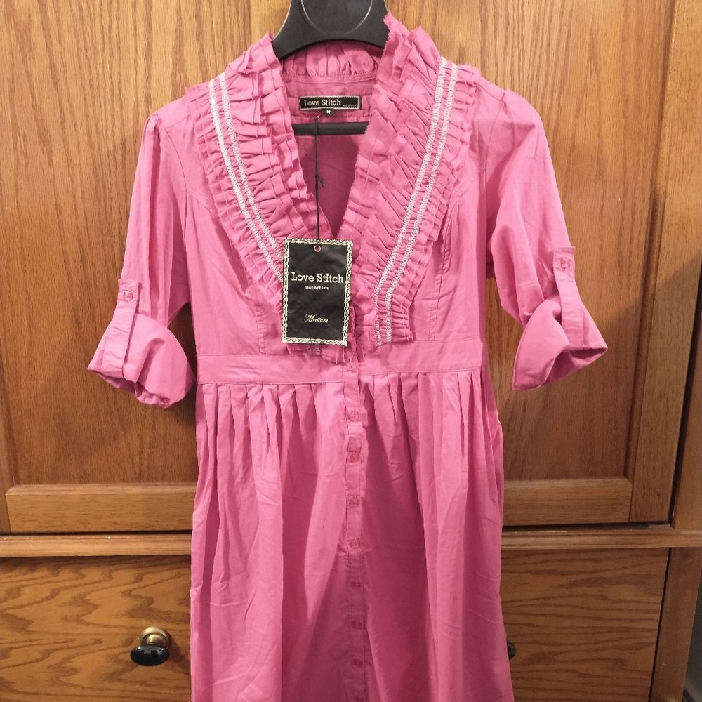 Love Stitch NWT Women Roll up Sleeve Pink Fuchsia 100% Cotton Short Dress Medium